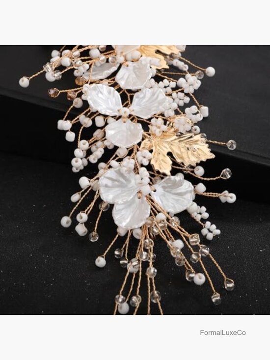 Floral Crystal Bridal Hair Vine Headpiece Gold Leaf Beads Wedding Accessory